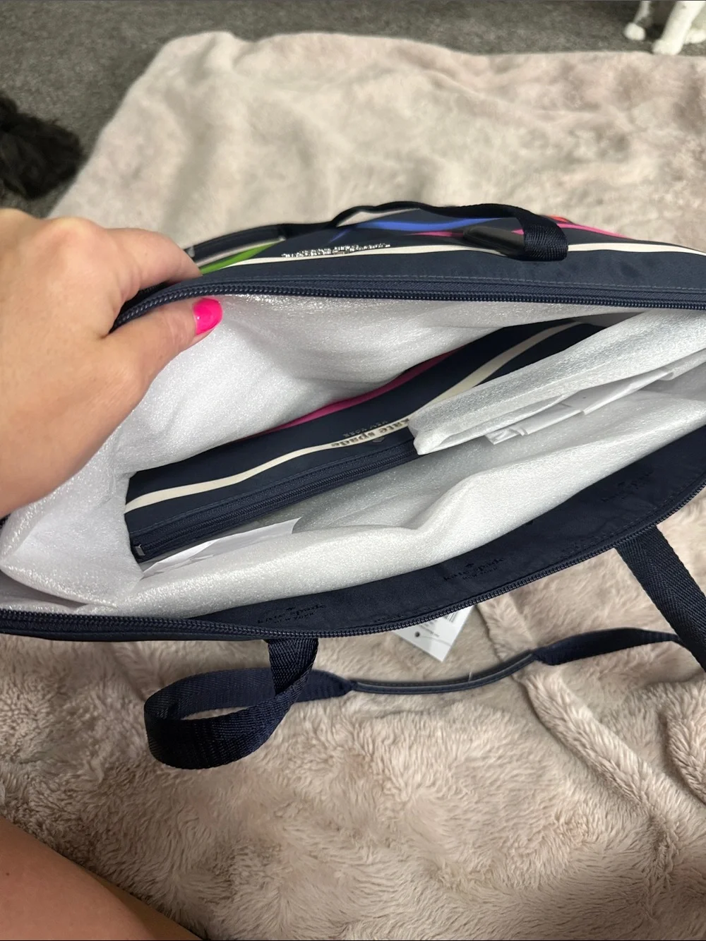 kate spade Navy Striped Tote multicolor stripes and includes detachable pouch